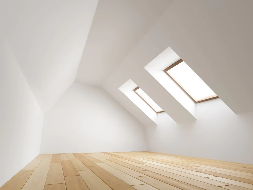 Combles aménagés lumineux avec fenêtres de toit et parquet clair, sous rampants