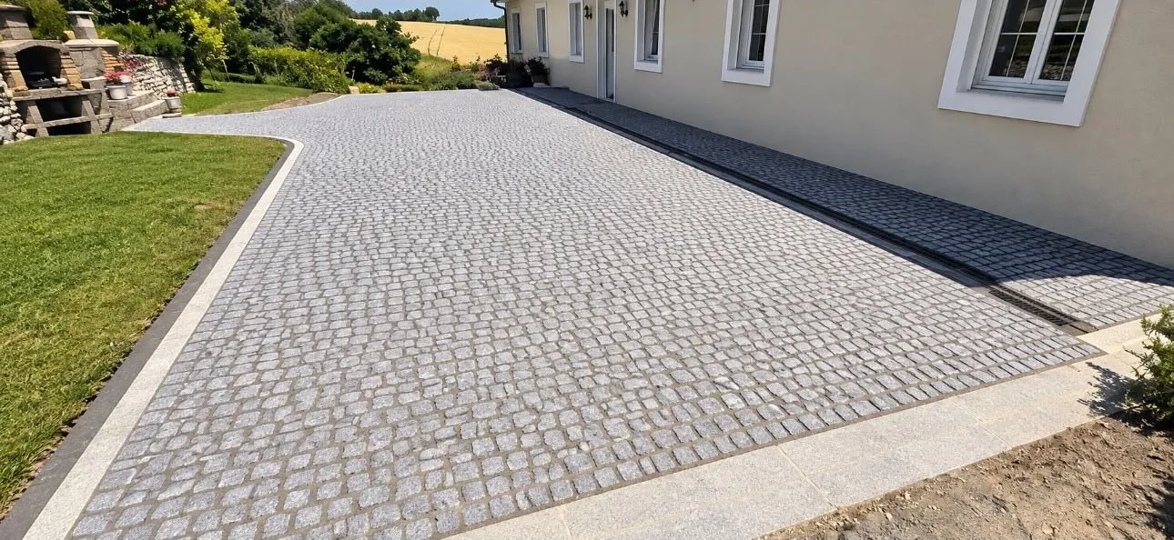 Cour en pavés de granit gris le long d'une maison, avec bordure claire et pelouse